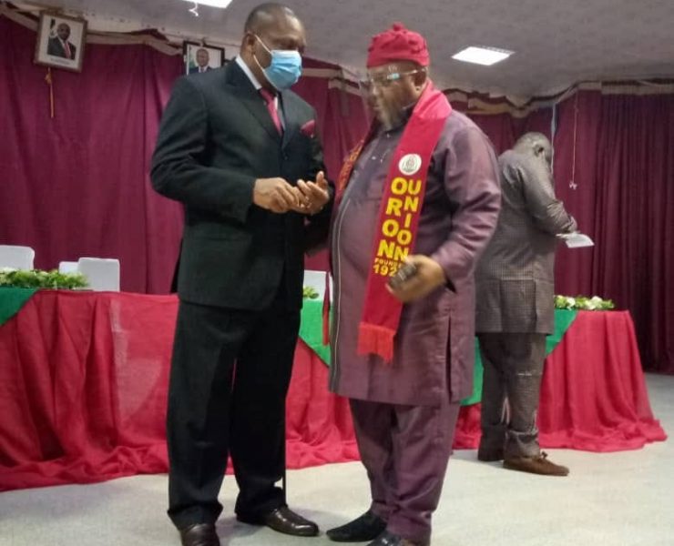 (L-R) Rt. Hon Dr. Ekong Sampson, Honourable Commissioner, Ministry of Environment & Petroleum Resources and Bishop Etim Ante, President General, Oron Union shortly after Signing Ceremony of the Memorandum of Understanding (MoU) between Universal Energy Resources Limited and It's Host Communities in Akwa Ibom State.